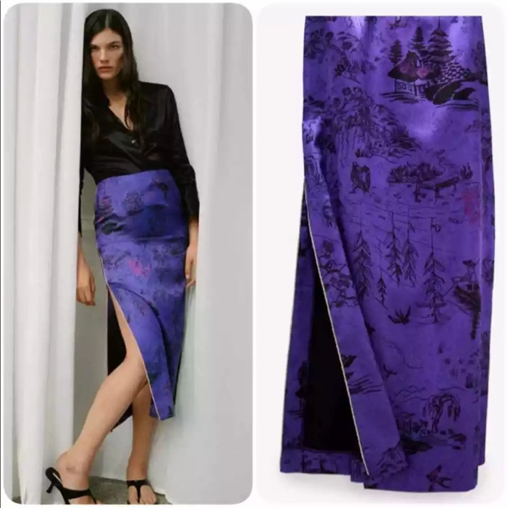 Zara High Waist Piped Printed Satin Skirt